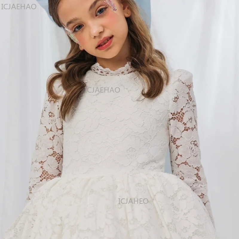 White Kids Lace Girls Dress Long Sleeve Princess Gown Formal Dress Flower Girl Children Costume Party Celebration Evening Lace