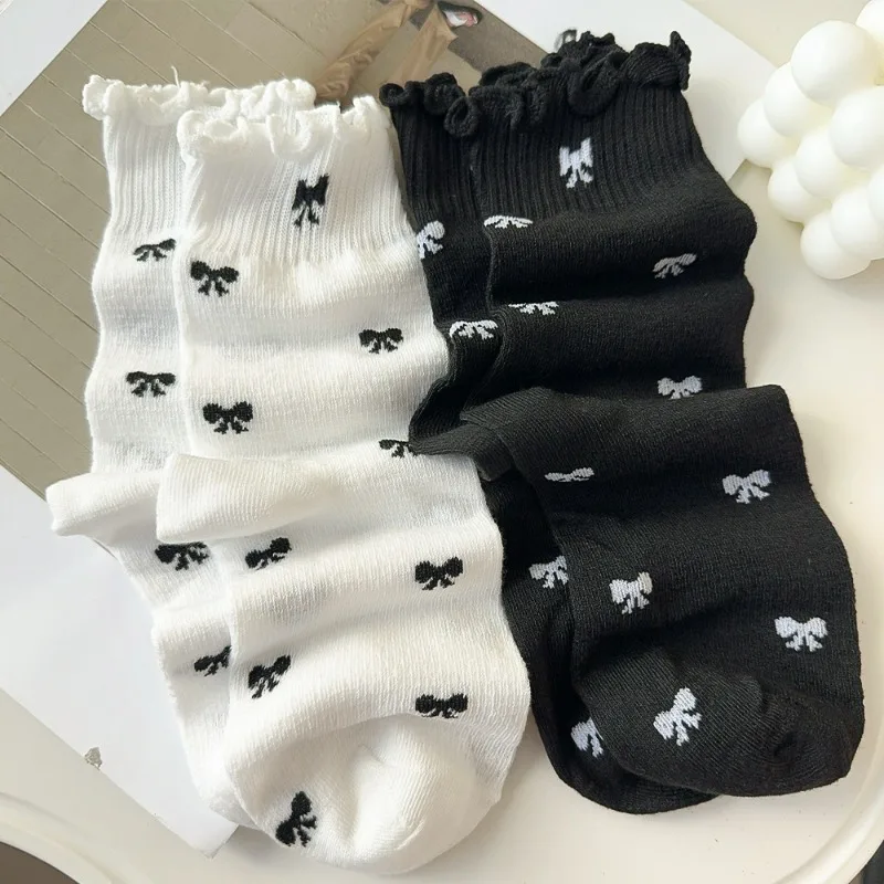 2pair Spring Summer Thin Lace Bow Breathable Socks Ballet Style JK Mid Tube Socks Sweet Girl Hollow Mesh Anti Pilling Pile Socks