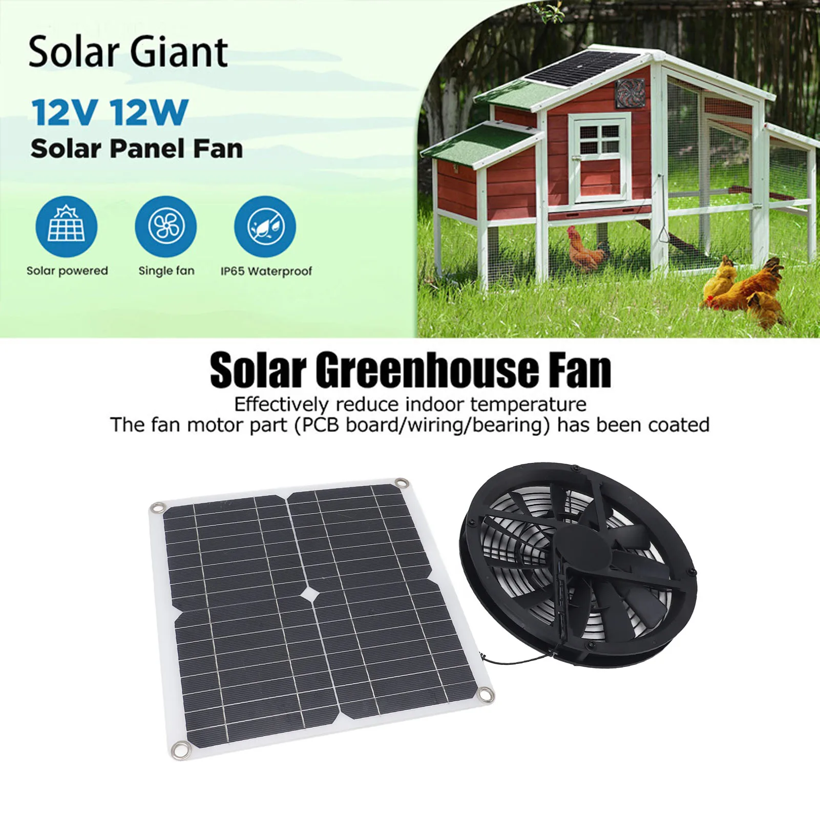 

Solar Panel Fan Kit 12W Waterproof Solar Exhaust Fan for Indoors Small Chicken Coops Greenhouses Sheds Pet Houses