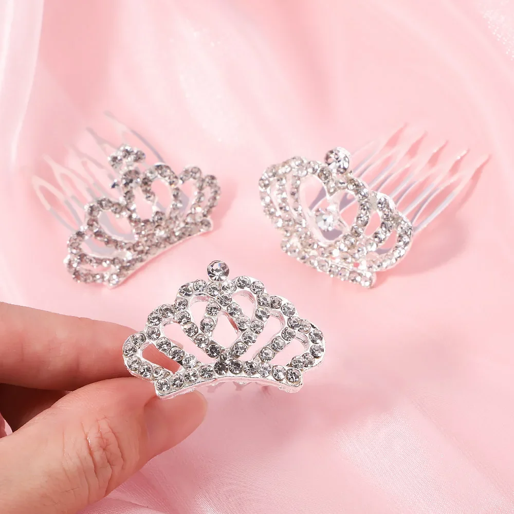 1Pcs 1.5\'\' Crystal Princess Crown Comb Girls Kids Rhinestone Tiara Hair Clips Costume Accessories Birthday Party Headwear Gifts