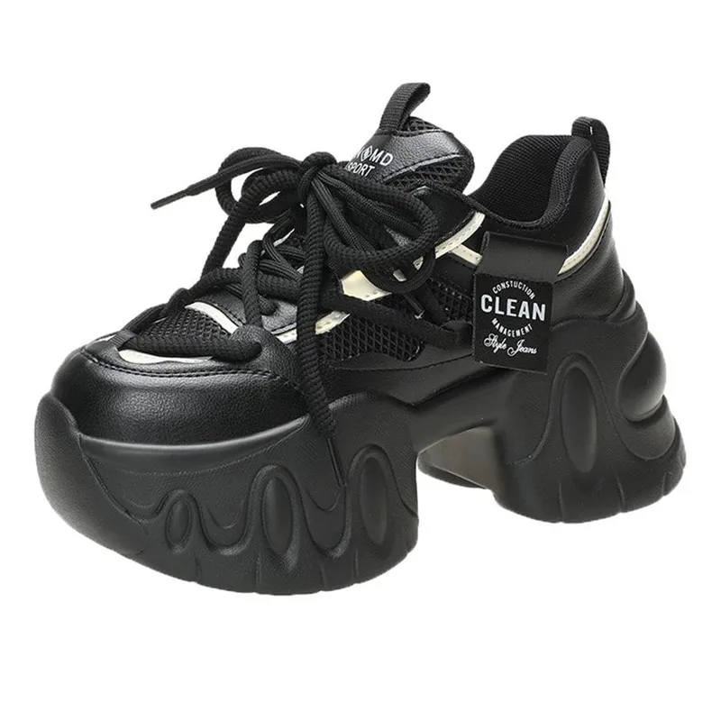 8 سنتيمتر جديد إمرأة ربيع الخريف شبكة أحذية رياضية مكتنزة سميكة القاع أحذية من الجلد منصة عالية فلكنيز أحذية رياضية غير رسمية أبي حذاء