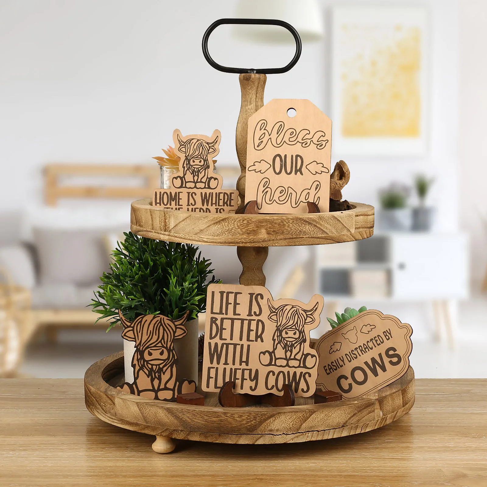 Highland Cow Tiered Tray Ornaments Bless Our Cows Wooden Sign Decorative Ornaments For Farmhouse Tabletop Decoration 1 Set