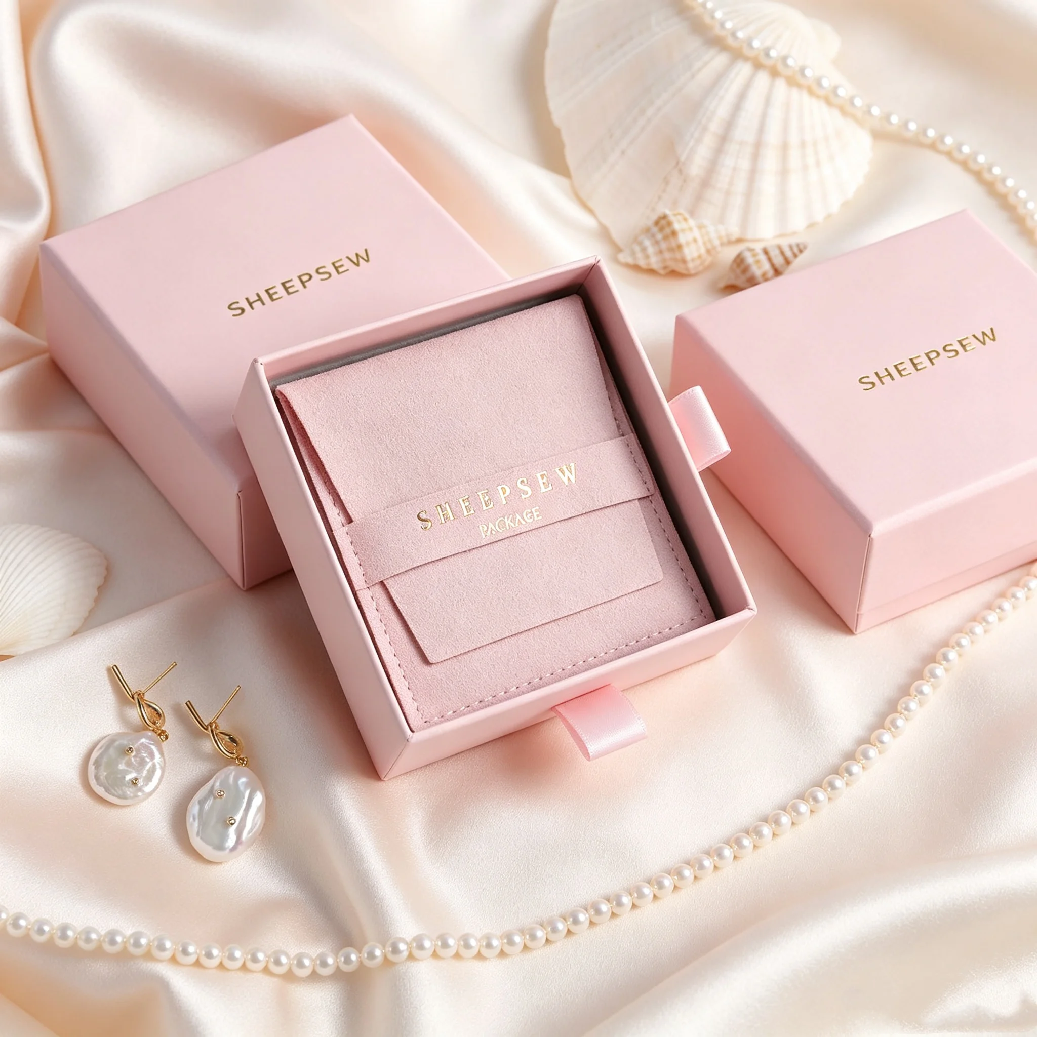 SHEEPSEW Luxury Custom Logo Sliding Drawer Paper Jewelry Box With Microfiber Pouch Gift Packaging Set