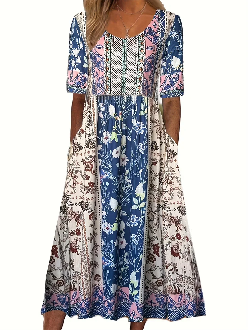 Elegante vestido estampado boêmio feminino, manga curta, plissado, bainha grande, verão, casual, feriado, fêmea, vestido longo de cintura alta, 2024