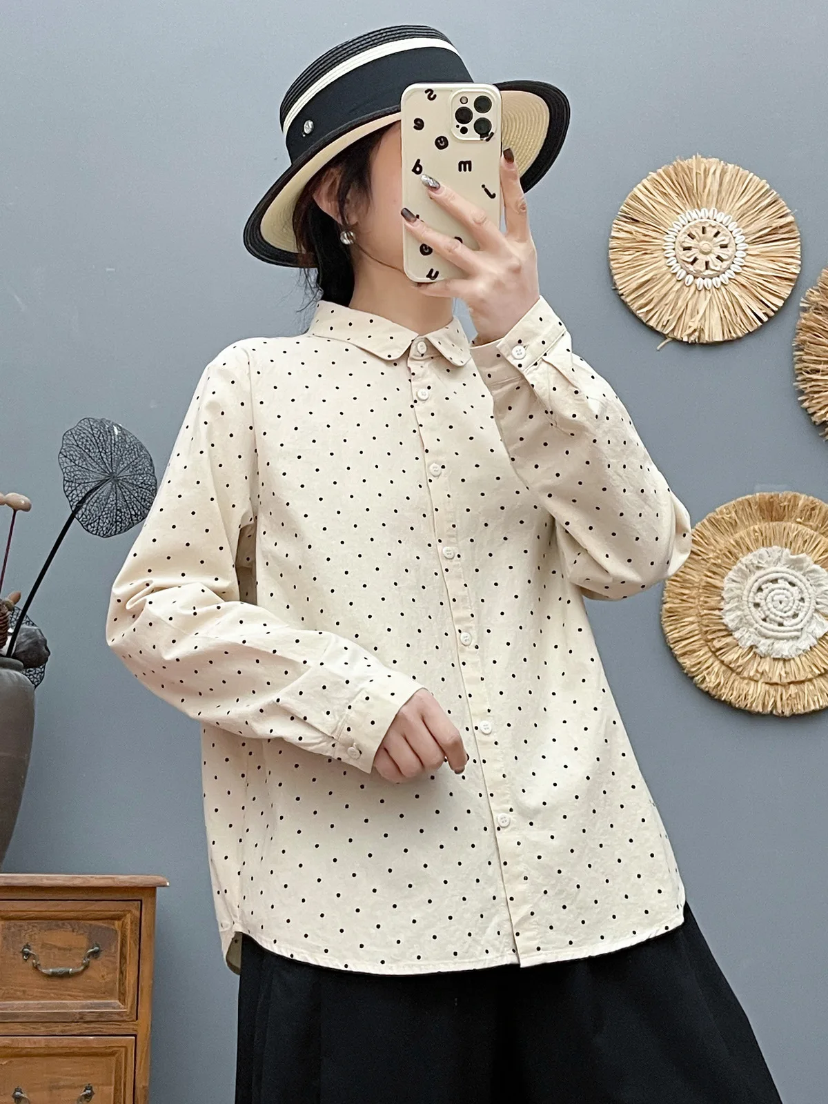 ใหม่2025ฤดูใบไม้ร่วงผ้าฝ้ายเสื้อแขนยาวผู้หญิงTurn-Down Collar Dotพิมพ์, Moriสาวอเนกประสงค์OLเดินทางเสื้อหลวมt57481CC