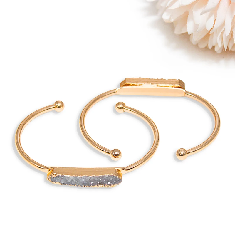 Rectangle Raw Stone Bracelet for Women Handmade Natural Crystal Cluster Open Cuff Bangle Jewelry