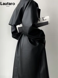 Lautaro primavera outono longo oversized legal preto macio couro do plutônio trench coat para as mulheres faixas de luxo pista moda europeia 2023