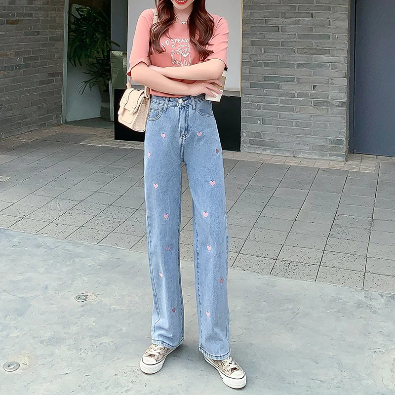 

Spring Autumn Heart Embroidery Jeans Women's High Waist Straight Wide Leg Pants Korean Vintage Casual Thin Denim Trousers