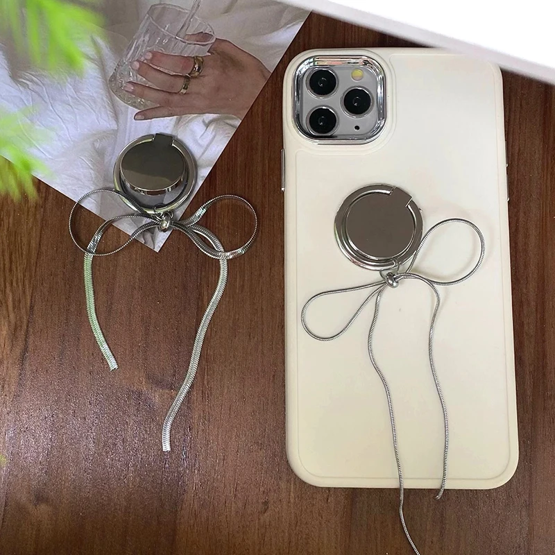 حامل حلقة إصبع للهاتف المحمول ، حامل إبزيم بعقدة فيونكة ، سلسلة قابلة للدوران ، ديكور عالمي لسطح المكتب