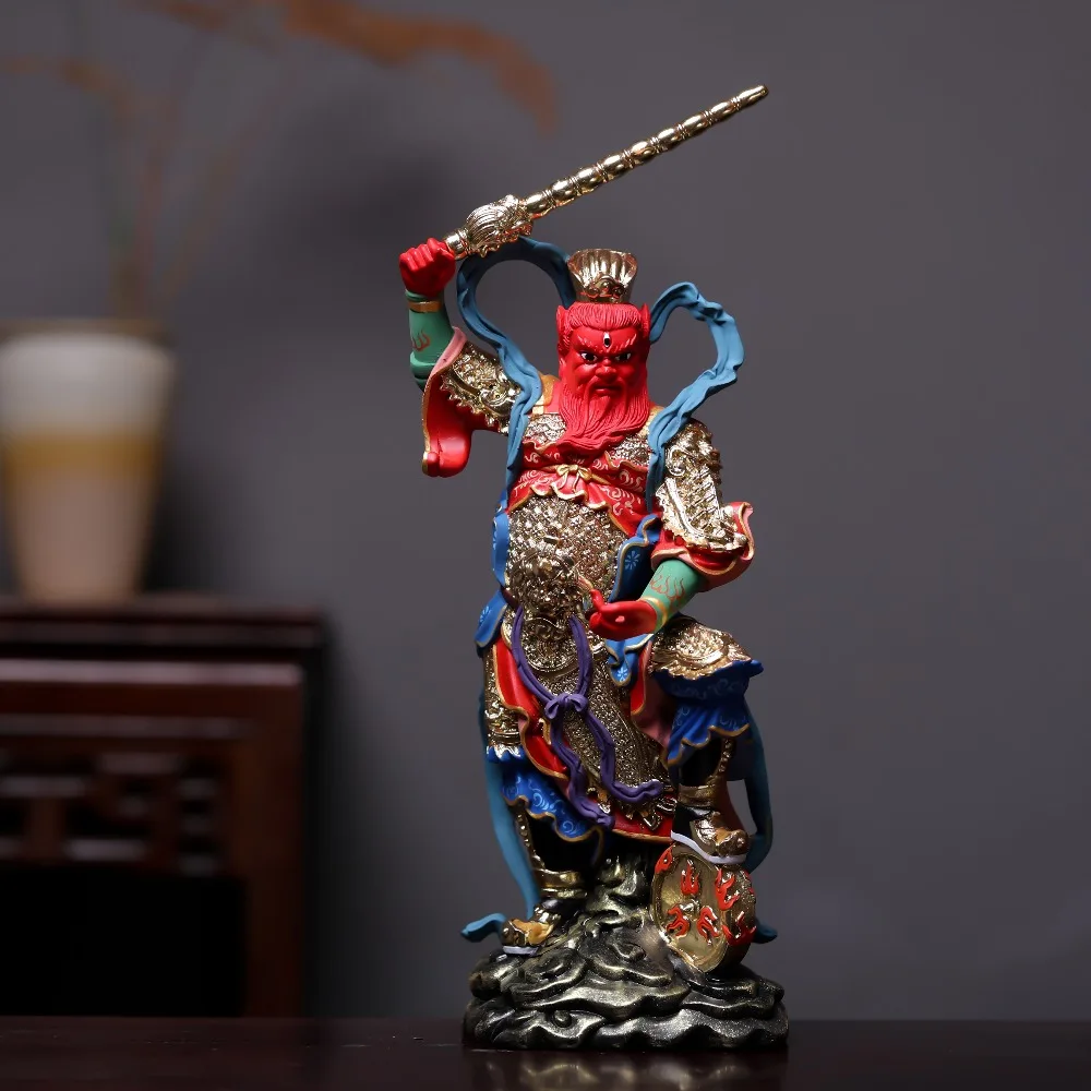 Wang Lingguan Statue Hand-Carved Hinoki Wood Three-Eyed Fire God Marshal, Painted Taoist Guardian Deity for Home Worship