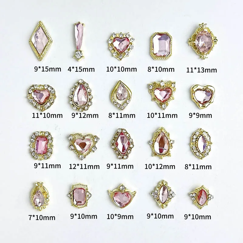 20Pcs Transparent Glass Pink Nail Crystal Decoration Gold Geometric Alloy Nail Art Charms for Handmade DIY Nail Jewelry Ornament