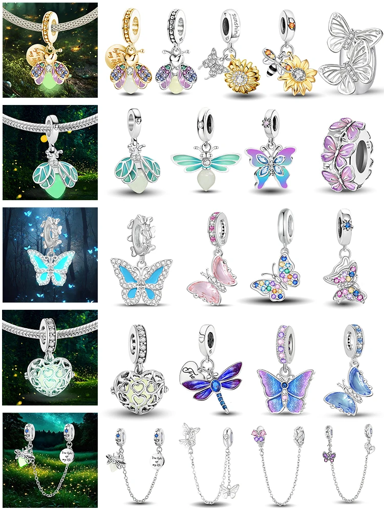 925 Silberbeschichtete Charms Perlen Modische Leuchtende Bienen-Glühwürmchen-Schmetterling-Anhänger für Armband Armreif Charm DIY Schmuck
