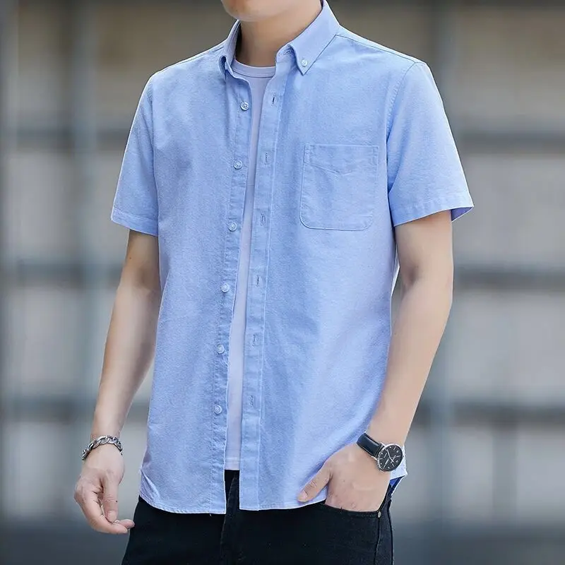 

Light Oxford Cloth Shirt Men's Short Sleeve Summer Casual Workwear Trendy Mid-aged Cotton Shirt Standard Fit Fashion Urban