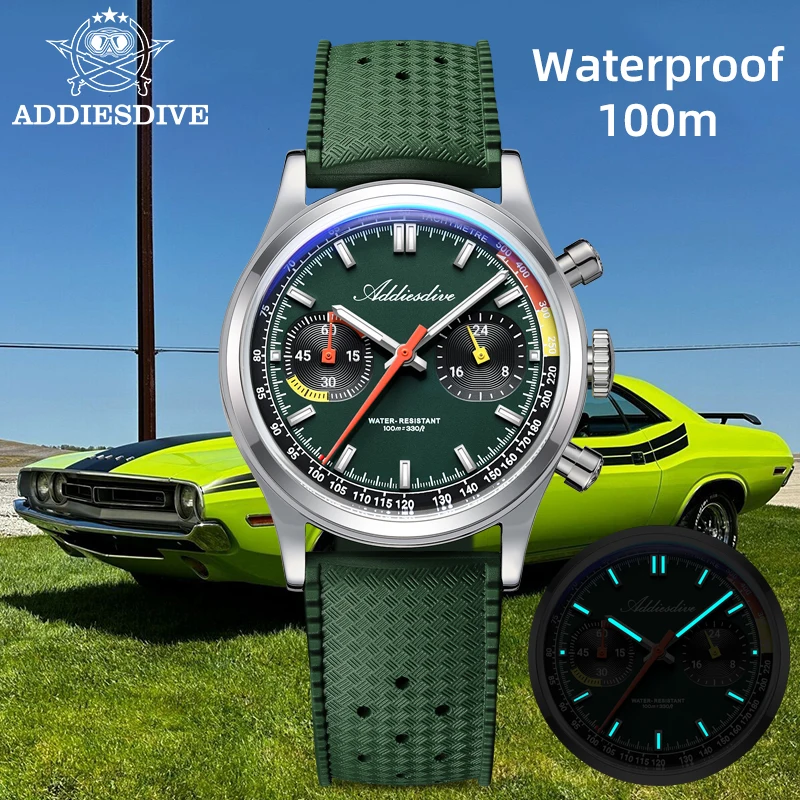 

ADDIESDIVE New 38mm Men Quartz Watch VK64 Bubble Mirror 100m Waterproof Outdoor Sport Watches Leisure 316L Stainless Steel Watch