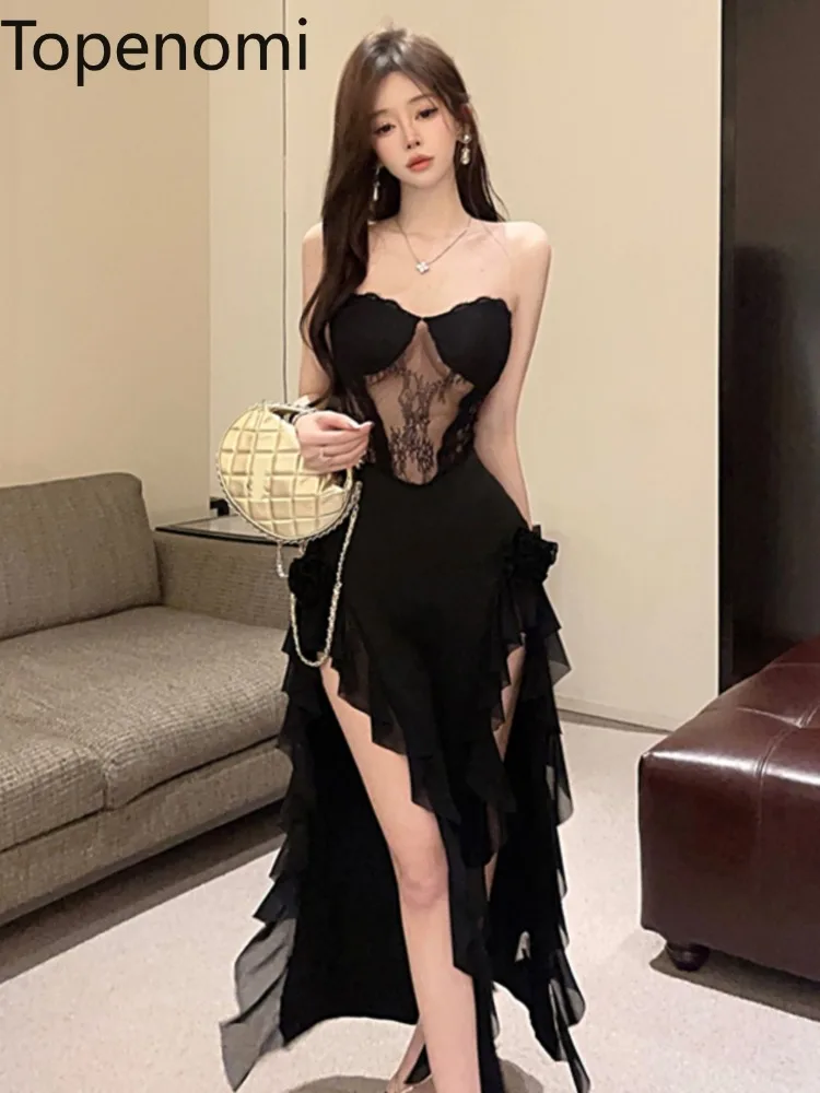 Topenomi Party Dress Women Sexy Spliced Mesh Strapless Irregular Ruffles Evening Dresses Fashion Cocktail Banquet Prom Vestidos