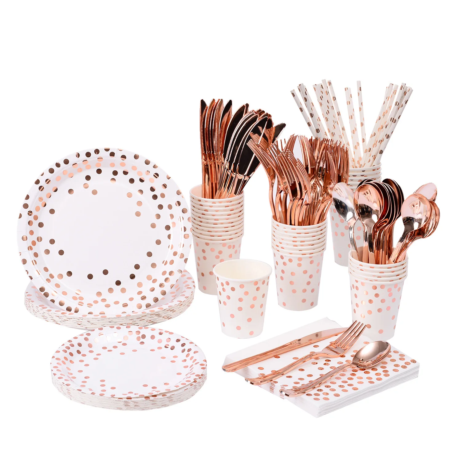 200 PCS Serves 25 Rose Gold Dot Tableware Set,Disposable Party Dinnerware Kit Paper Straws Napkins Plates Cups Cutlery Wedding