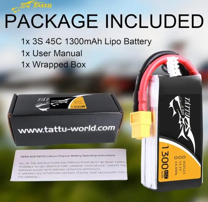 ACE Tattu LiPo แบตเตอรี่แพค1300mAh 45C 3S 11.1V พร้อมปลั๊ก XT60สำหรับ mobil RC เรือรถบรรทุก Heli เครื่องบินโดรน