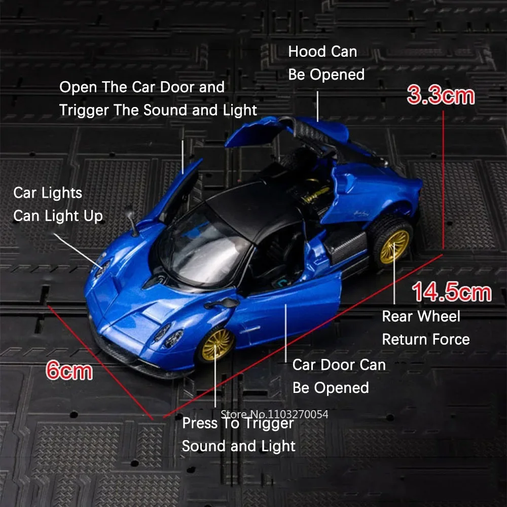 1:32 PAGANI Huayra Car Alloy Toys Diecast Model Supercar Doors Opened Sound Light Pull Back Pojazdy Zabawki dla dzieci Kolekcje