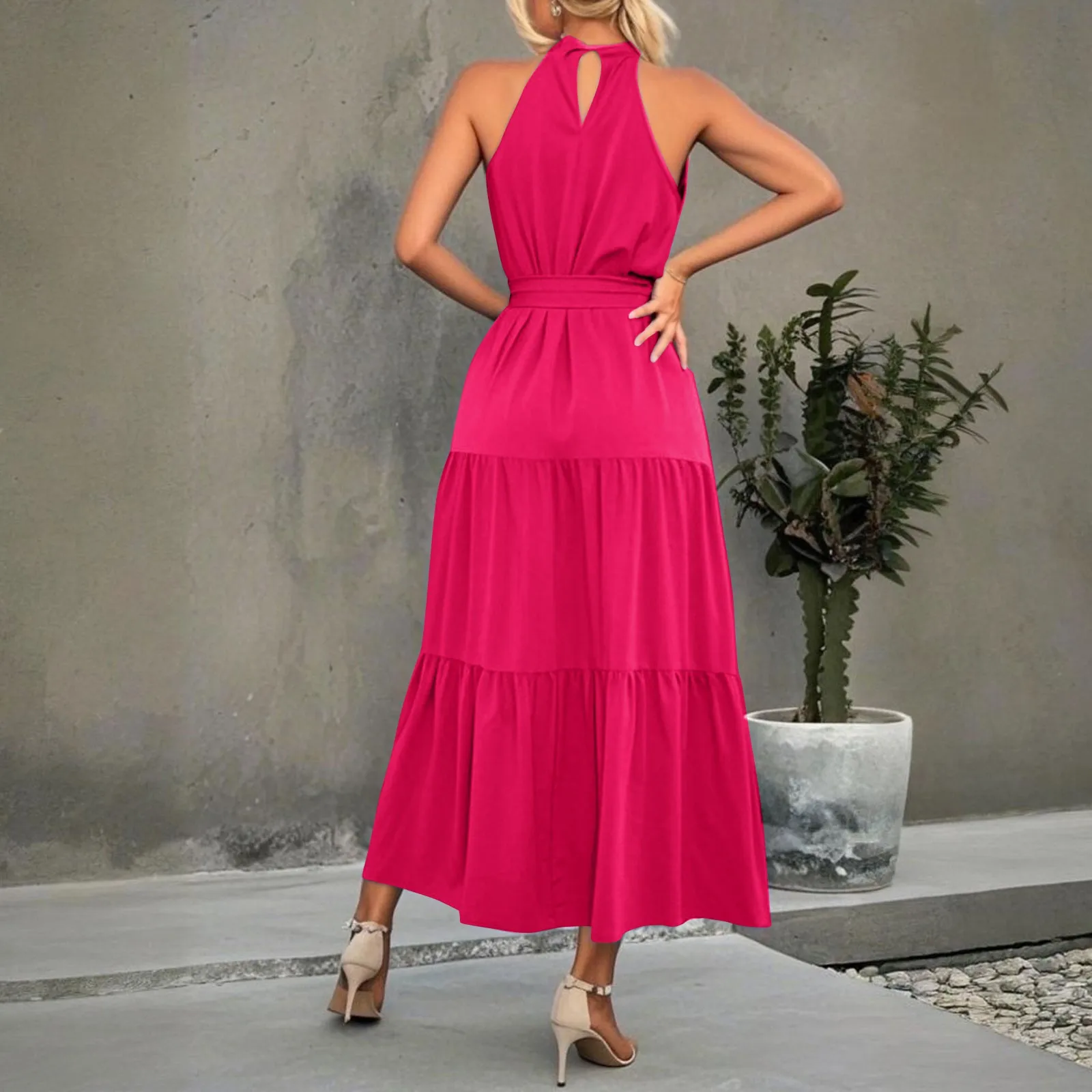 Women's Summer Maxi Sun Dress Sleeveless Halter Neck Flowy Ruffle Hem Long Boho Dresses with Belt Solid color elegant dress