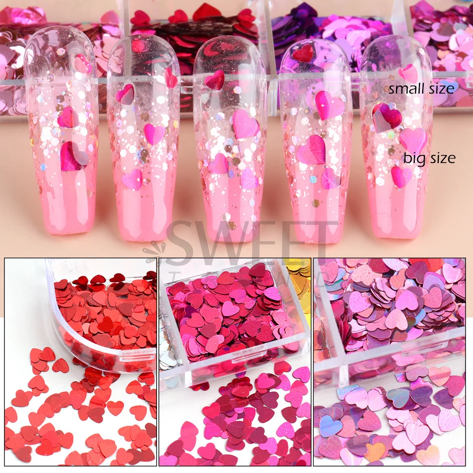 12 griglie olografiche Sweet Love Heart Nail Flakes irrigazione Laser Mix Glitter paillettes Nail Art Paillette Valentine Decor Tips