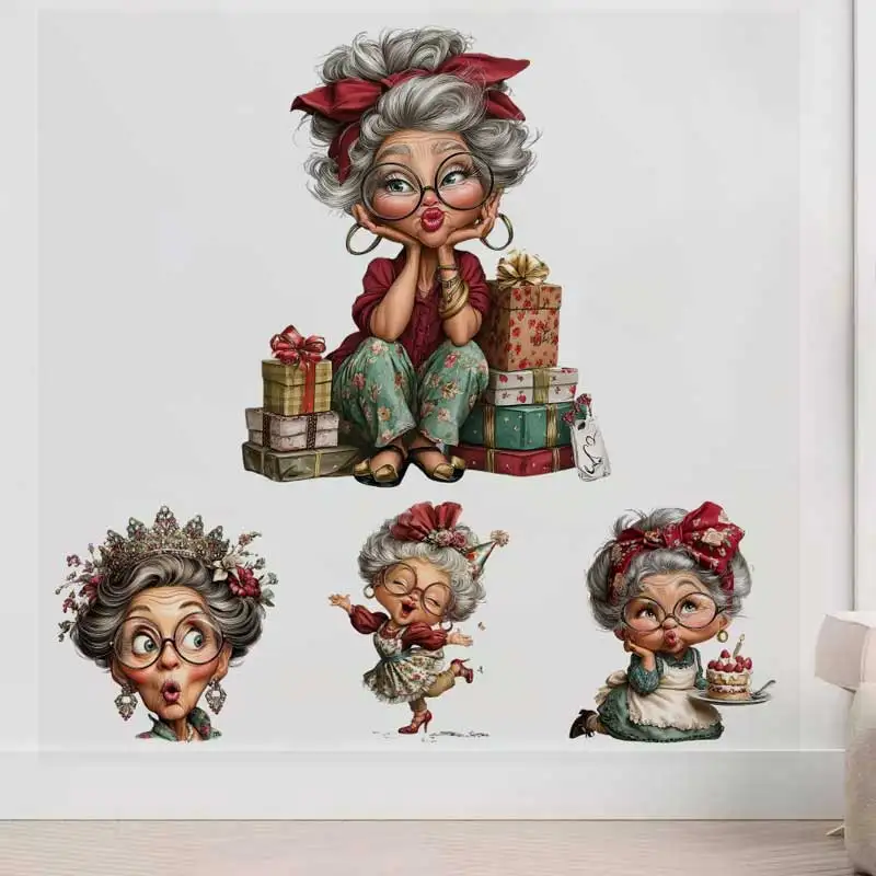 Elderly Woman With Gifts Stickers Decoration for Living Room, Wall, Bedroom, Toilet and Home Decor Waterproof Decals M1624