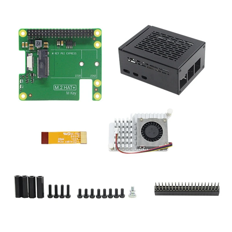 Pcie To M.2 HAT+ With Case+Blower For Raspberry Pi 5 Gen2 Gen3 M.2 NVME SSD 2230/2242 M Key PCIE GPIO Expansion Board