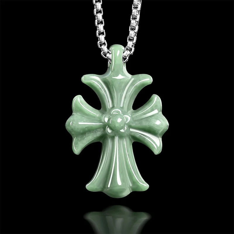 Green Myanmar Jadeite Cross Pendant Necklace Stone Charm Burmese Jade Designer Natural Gemstone Fashion Accessories