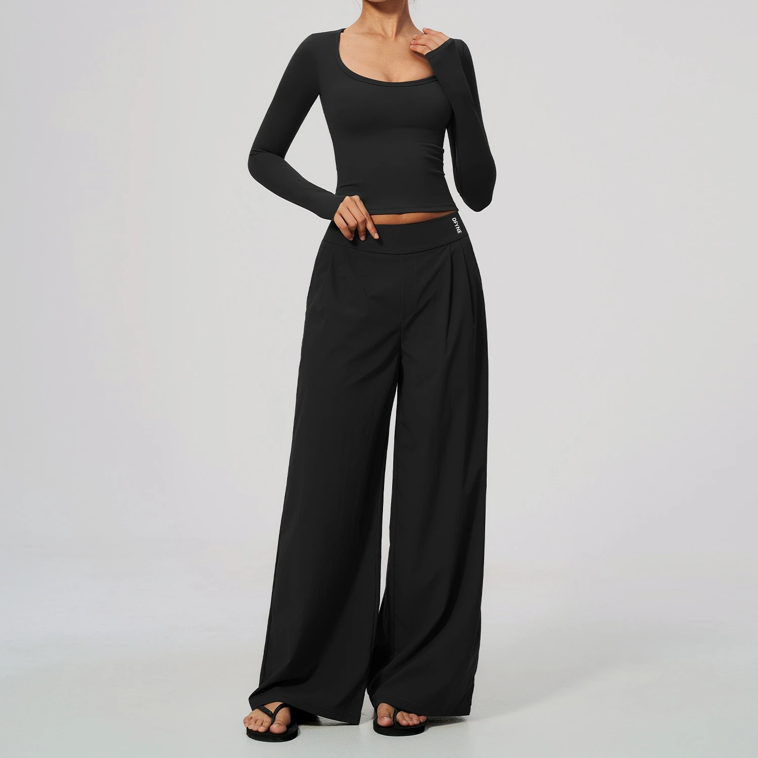 DFYNE Women 2 Piece Yoga Set Black Long Sleeve Crop Top Wide Leg Pants High Waist Fitness Activewear Gym Workout Lounge Outfit