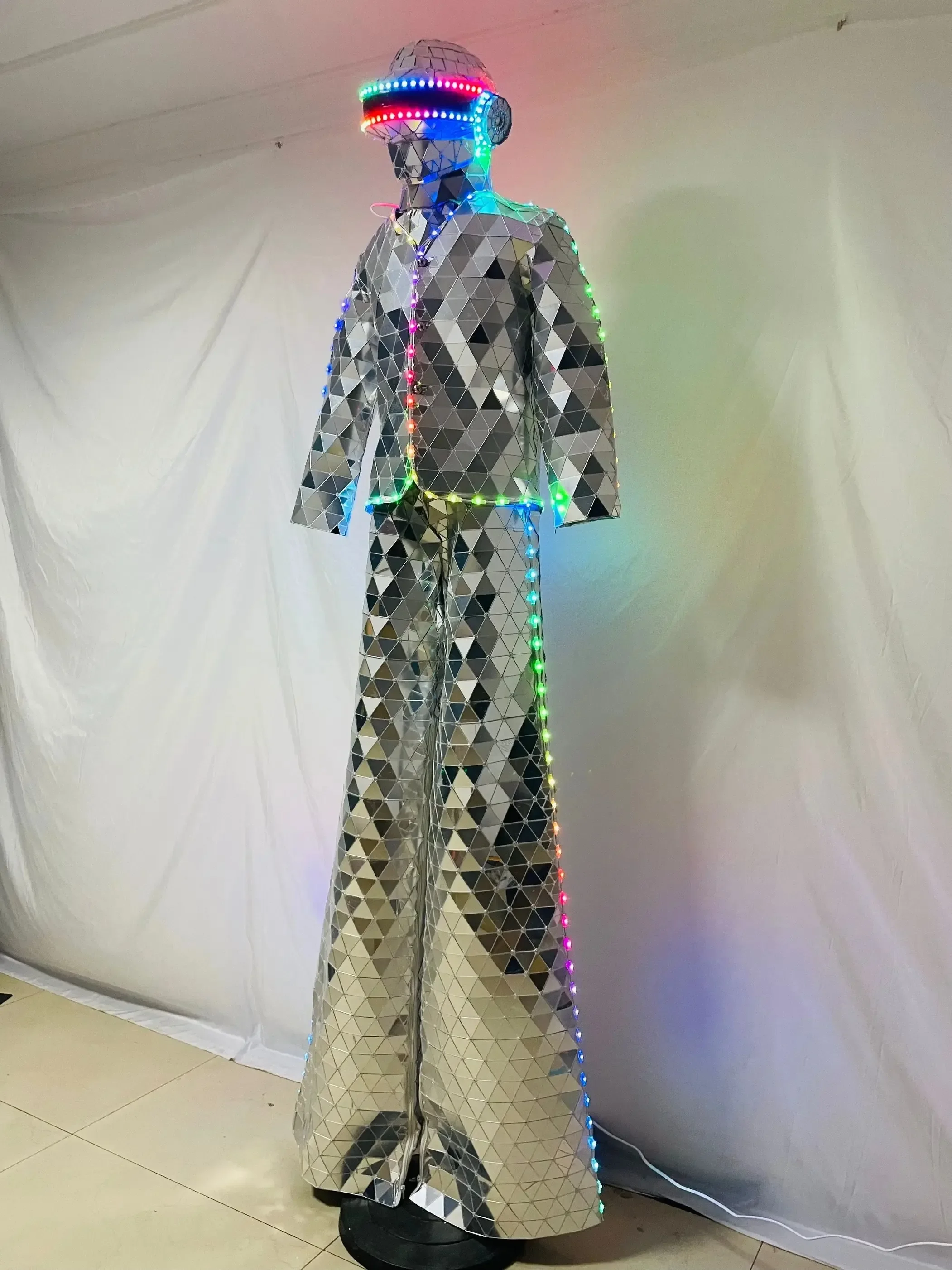 Mirror Man Suit LED  Stilts Walker Gold Stage  Show Dress Performance Mask Costume Glass Cosplay Clothing Hand Sewn DJ