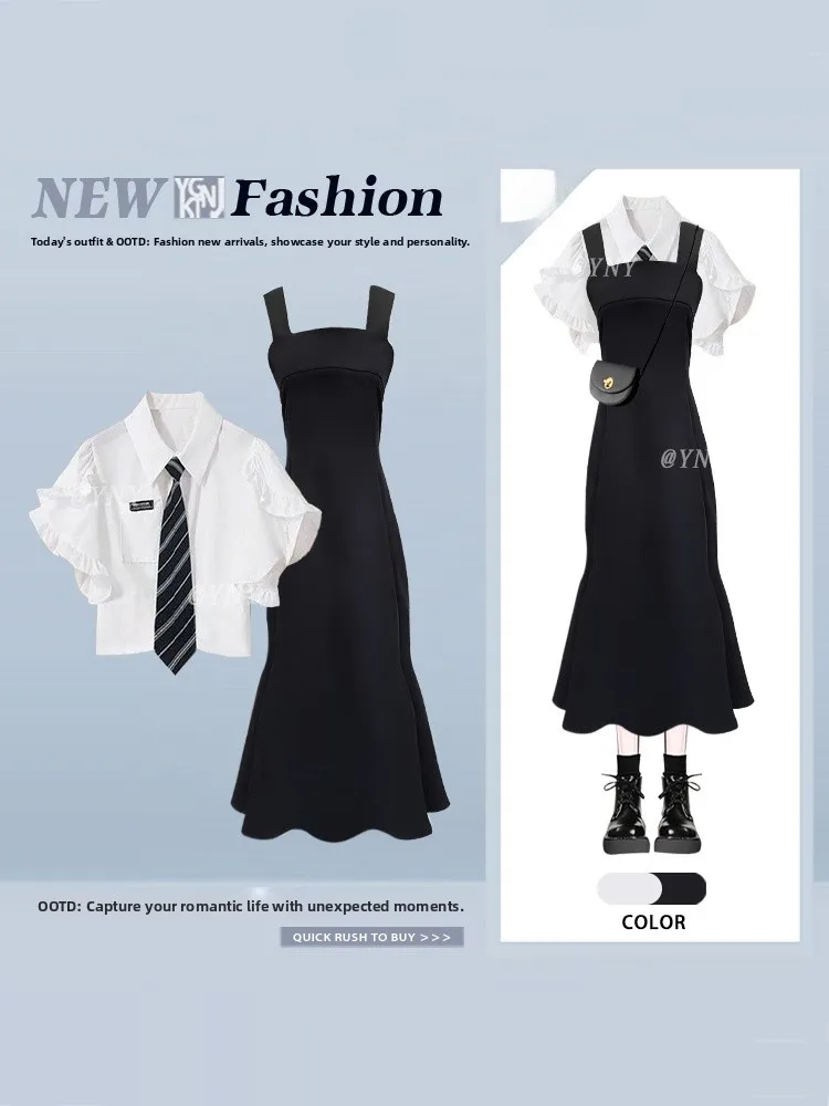 

Black Fish Tail Halter Dress Women's Summer Slimming Short Sleeve Shirt Collar Two Piece Set Fashionable Casual Outfit