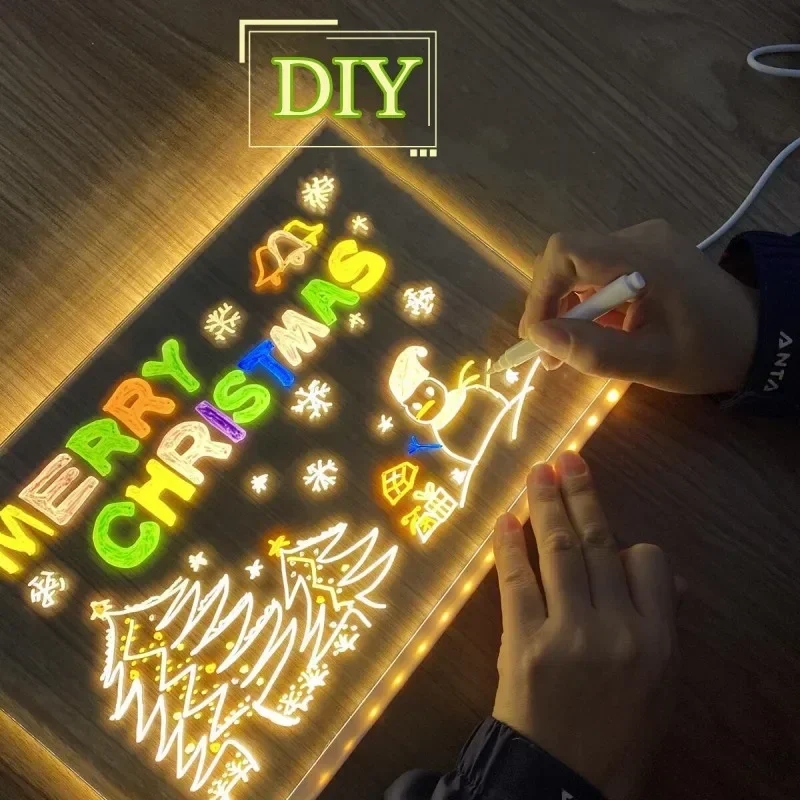 DIY Creative Lamp LED Acrylic Message Note Board Lamp Erasable Children\'s Drawing Board With 7 Colorful Pens Birthday Kids Gifts