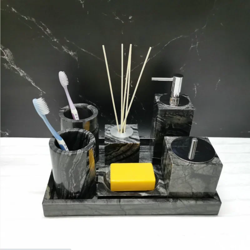 Bathroom Accessories Set Black Wood Marble Stone