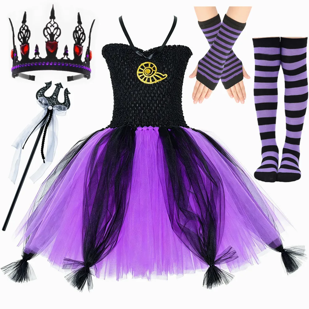 Little Mermaid Ursula Costume Kids Black Purple Octopus Sea Witch Tutu Dress for Girls Halloween Carnival Party Dress Up Outfits