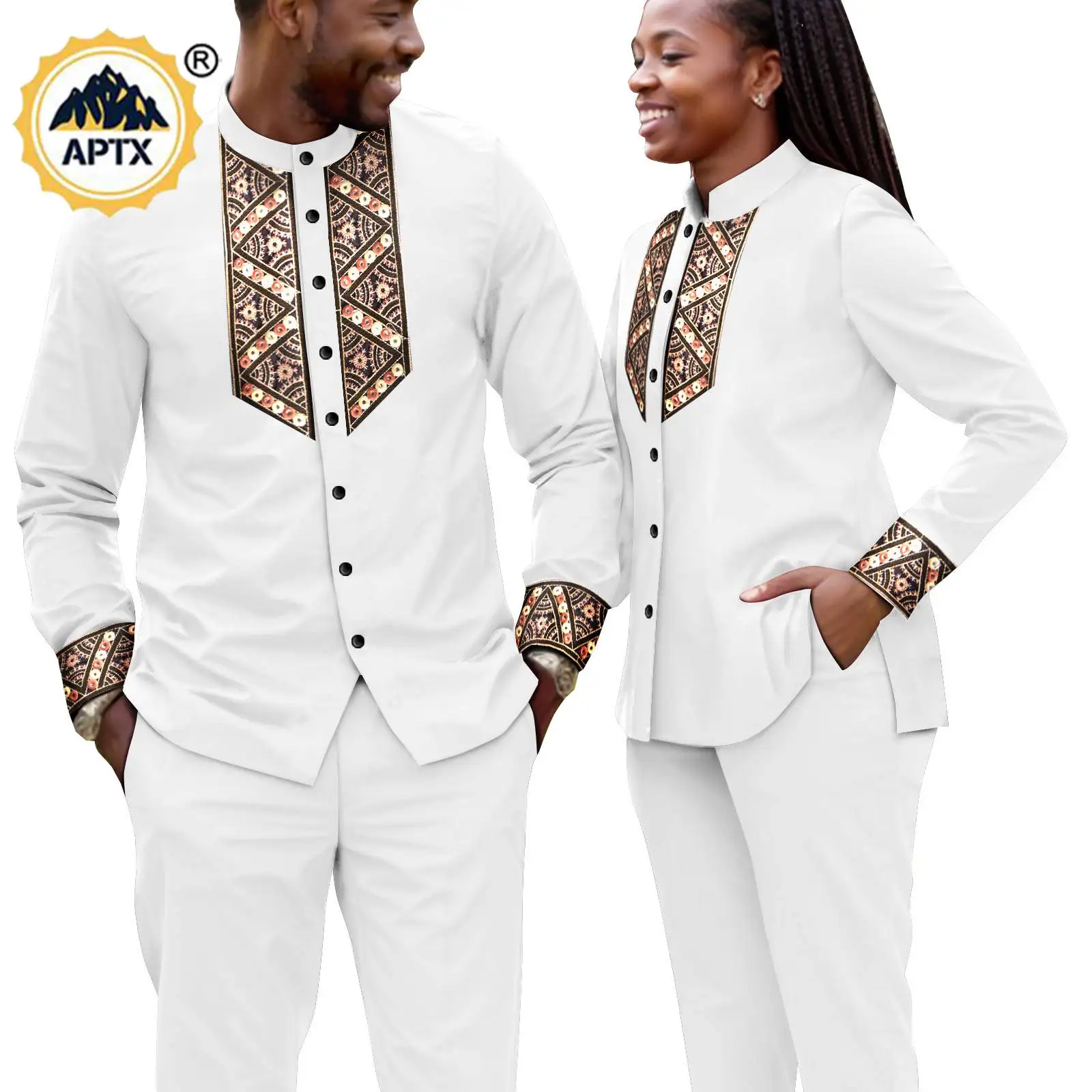 

Dashiki African Couple Outfits Matching Clothes Bazin Riche Men Appliques Top and Pant Sets Abaya Party Outwear Y23C116