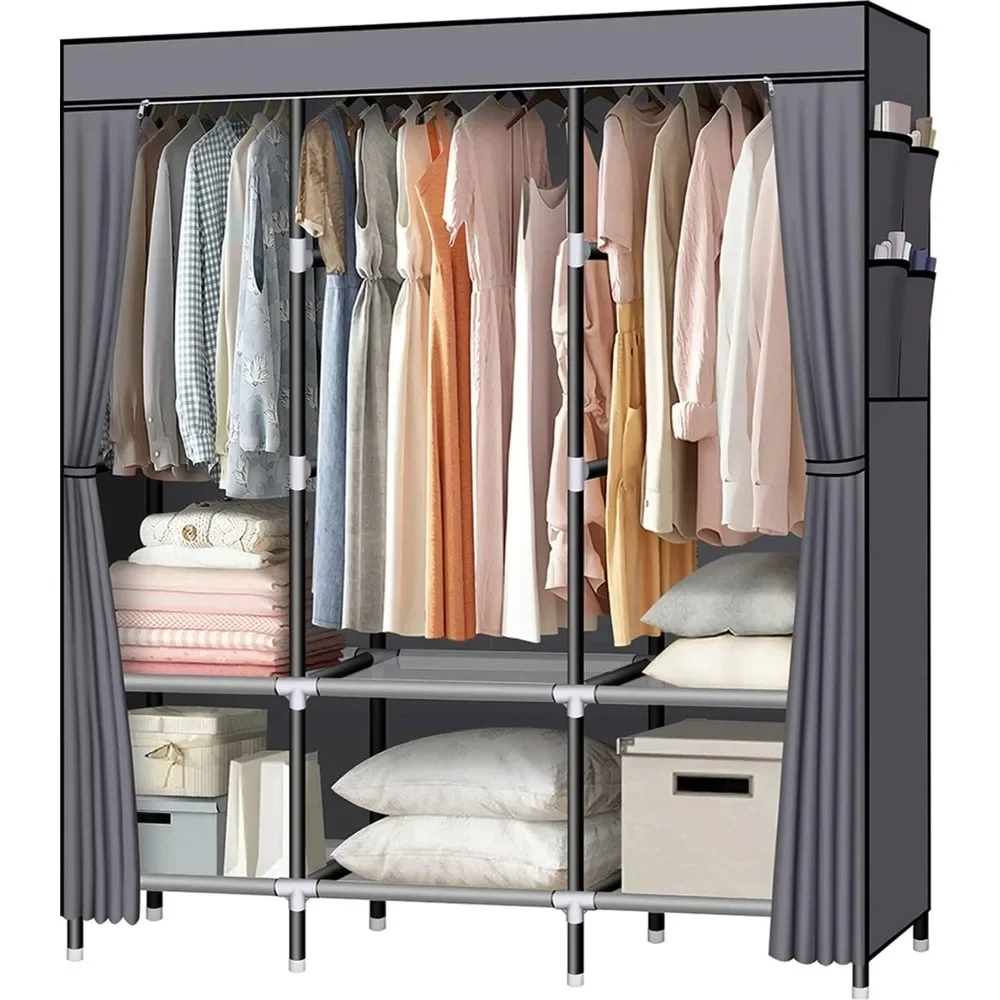 

Portable Closet, 61-Inch Portable Wardrobe with 3 Hanging Rods and 6 Storage Shelves, Non-woven Fabric, Stable and Easy A