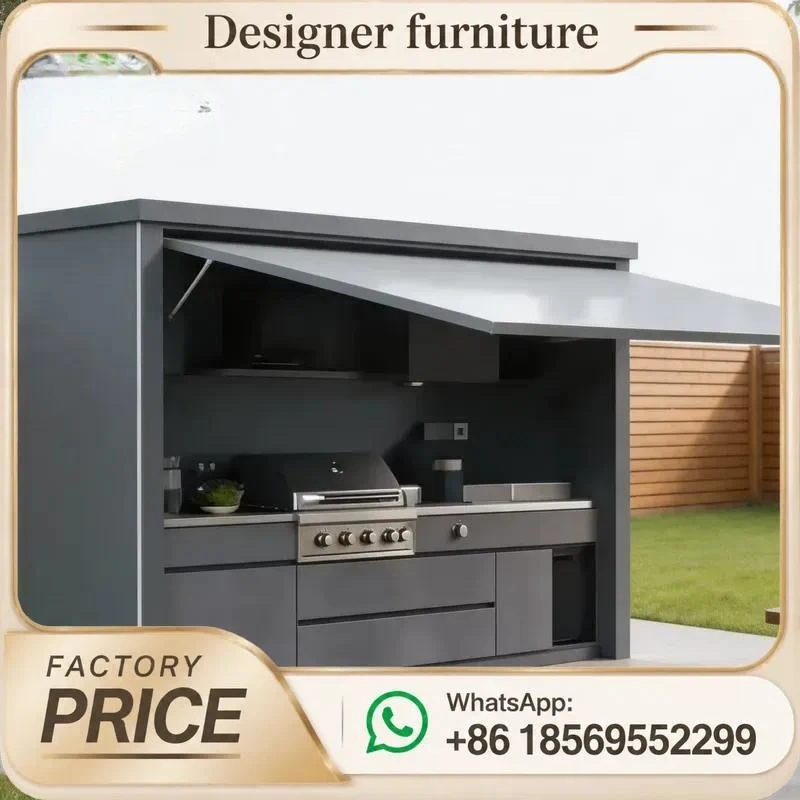 Custom 304 Stainless Steel Electric Lift Canopy Built In BBQ Grill Sink Fridge For Alfresco Kitchen Outdoor Entertaining LED
