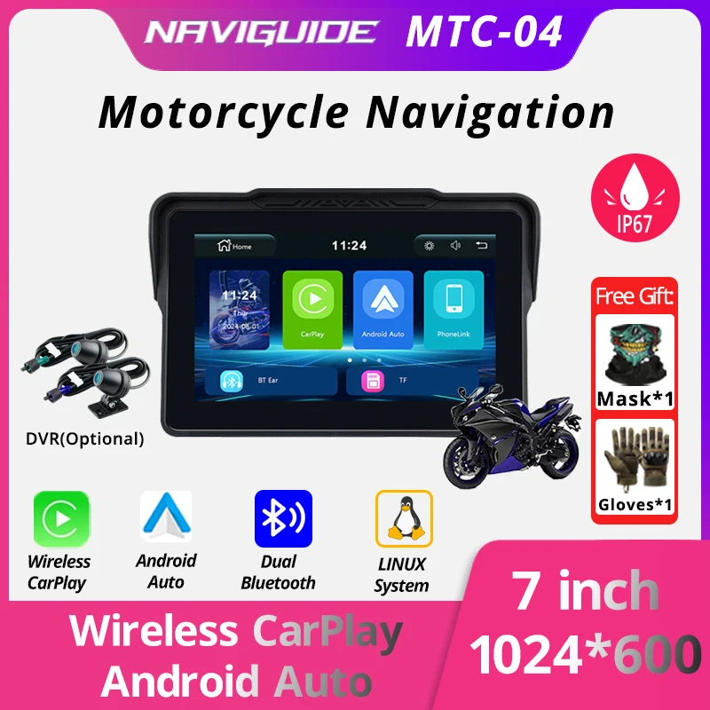 

NAVIGUIDE 7 inch MTC-04-DVR Carplay Display Screen Portable Motorcycle Android Auto IP67 MOTO Navigation Speed 1024*600 BT