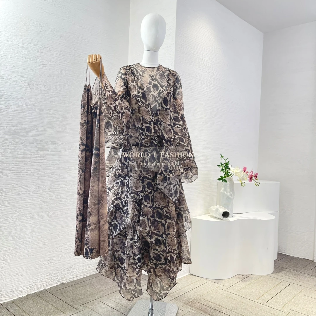 

Black Snake Pattern Print Long Flare Sleeve Ruffles Irregular Maxi Dress for Women