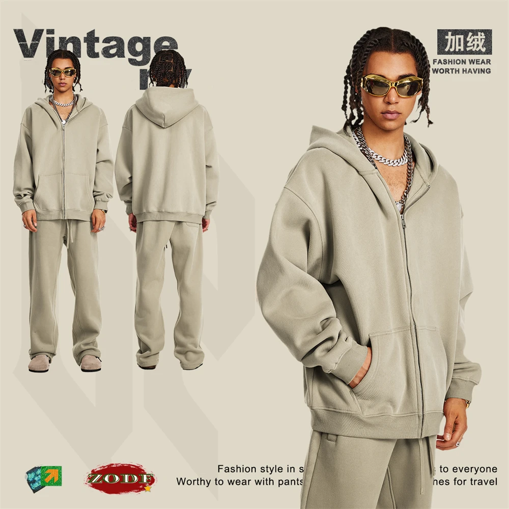 ZODF Fashion Winter Men Warm Zipper Fleece Hoodies Unisex Loose Basic 345gsm Knitted Hooded Hoodie Coats HY0904