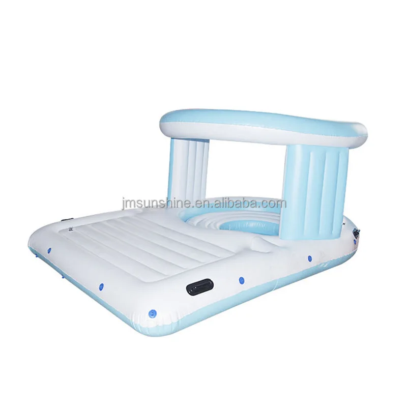 Inflatable floating island with awning anti-rollover pool party water leisure floating platform