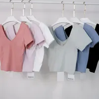 2024 Women Align Shirts Yoga Crop Top Short Sleeve V Neck Shirt Workout Fitness Backless Sexy Sweatshirt Sportswear for Yoga
