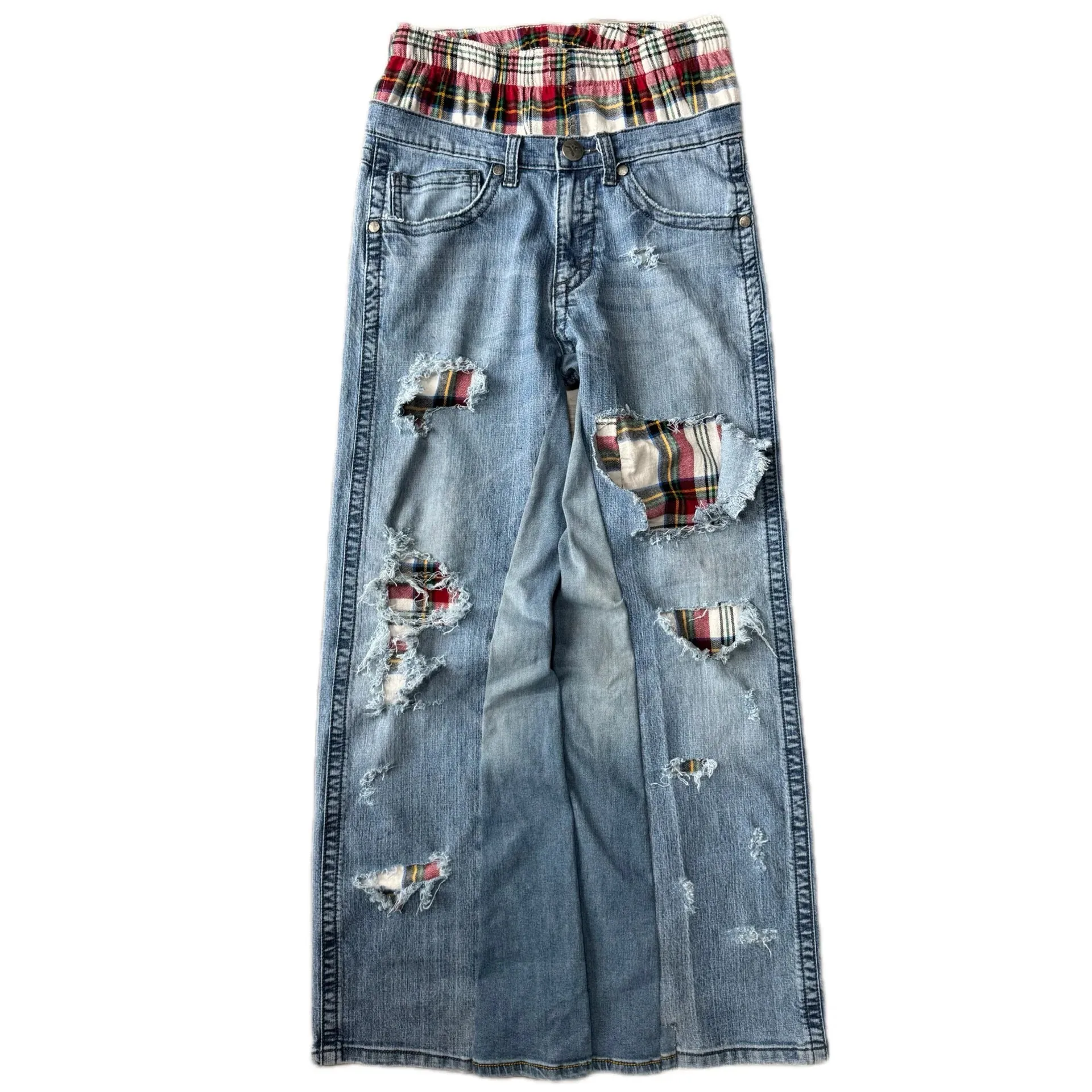 Fashion new American high street retro imitation old red plaid double pants design straight jeans Y2k Style