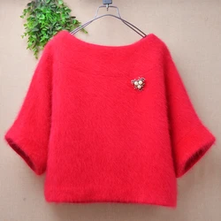 Ladies Women Spring Autumn Clothing Red Hairy Angora Rabbit Hair Knitted O-Neck Short Sleeves Loose Pullover Sweater Jumper Pull