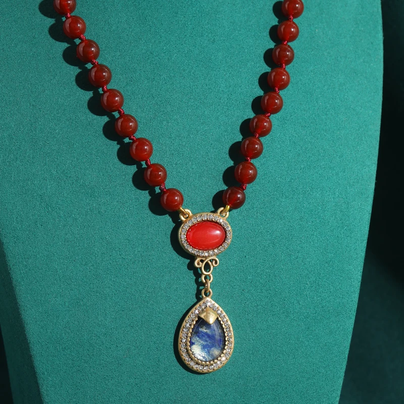 Vintage Red Agate Beads Necklace Natural Stone Opals Pendant Woman Jewelry Water Drop Accessories Luxury Designer High Quality