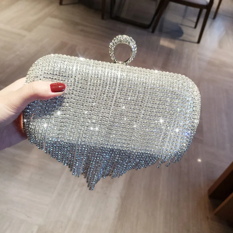 Fashion women tassel evening bags diamonds beaded clutch wedding purse shoulder party laides case purse