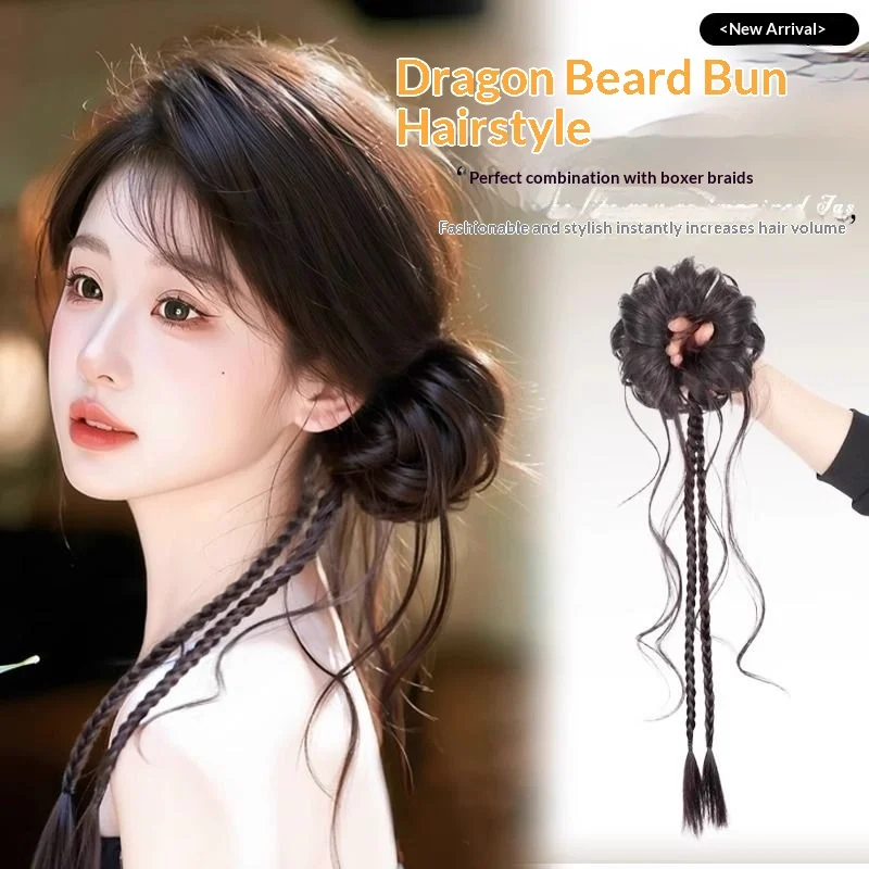Synthetic Dragon Whisker Bun with Dual Mini Braids, Lightweight Fiber, Easy to Attach, Ideal for Lazy Days or Sweet Outfits