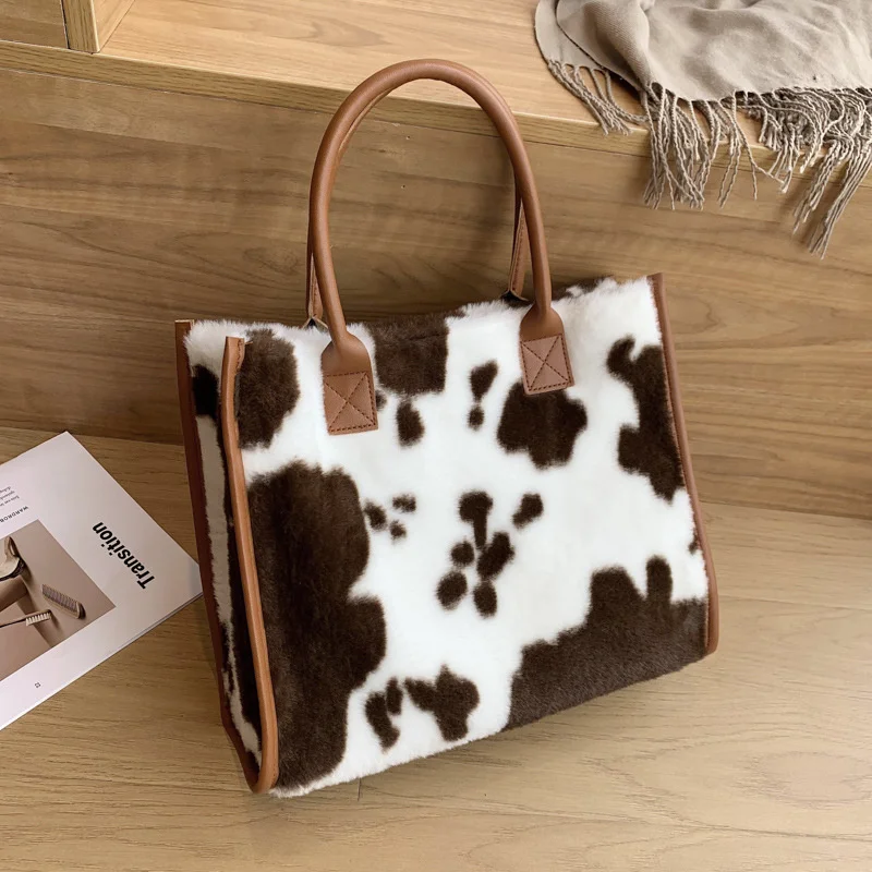 Frauen Weiche Plüsch Handtasche Neue Winter Leopard Kuh Druck Tragetaschen Weibliche Pu Leder Unterarm Taschen Pelzigen Flauschigen Schulter Tasche – Detail 14