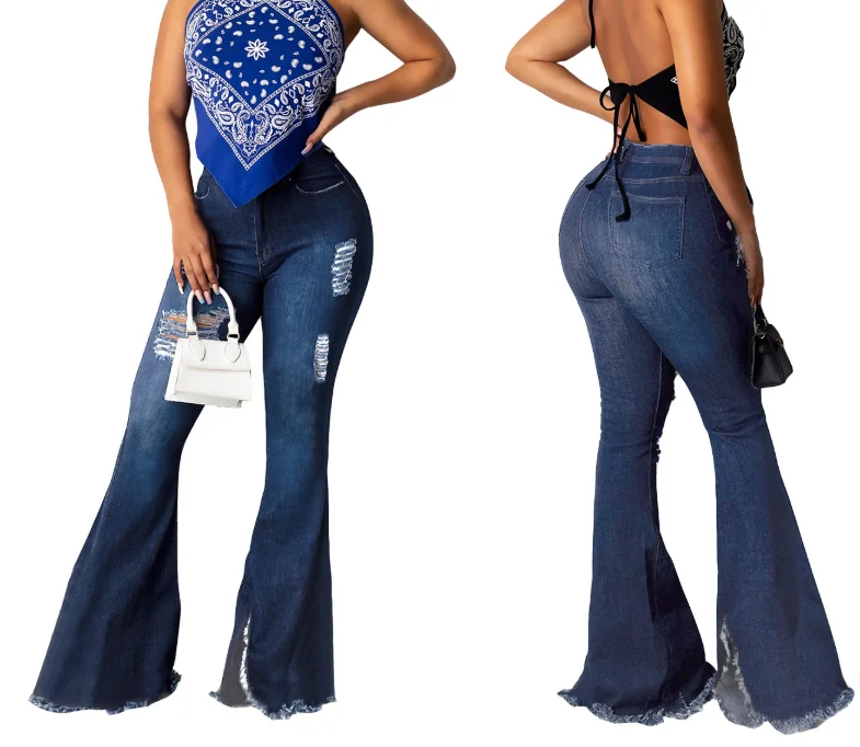 Sexy Women's Perforated Blown High Waist Flared Jeans Female Daily Clothing New Fashion Women Casual Slimming Denim Pants