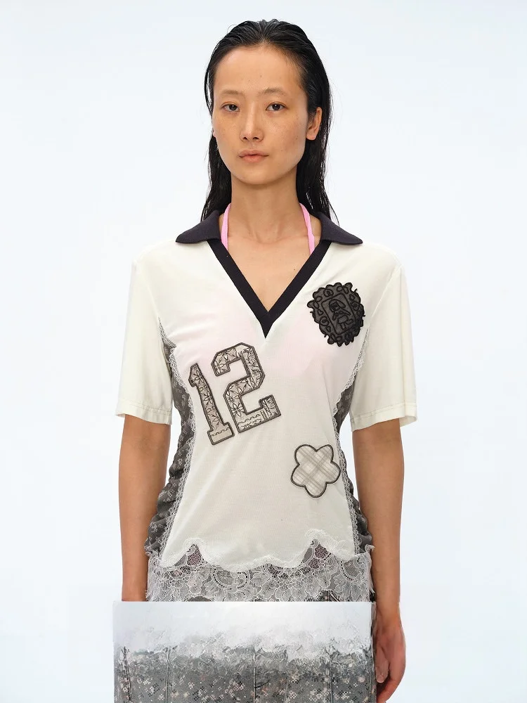 

Square Circle Design T-irt Lace Patchwork Letter Floral Embroidery ort Sve Creative Sle Commute Loose Fit Summer Thin