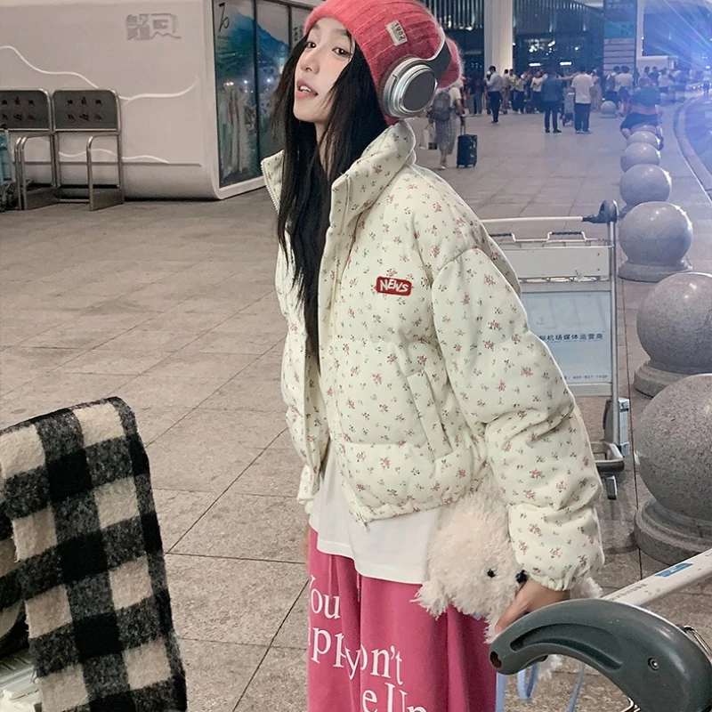 Sweet Floral Print Down Cotton Coat Women Winter Warm Short Tops All-match Cropped Jacket Thick Loose Windproof Outerwear New